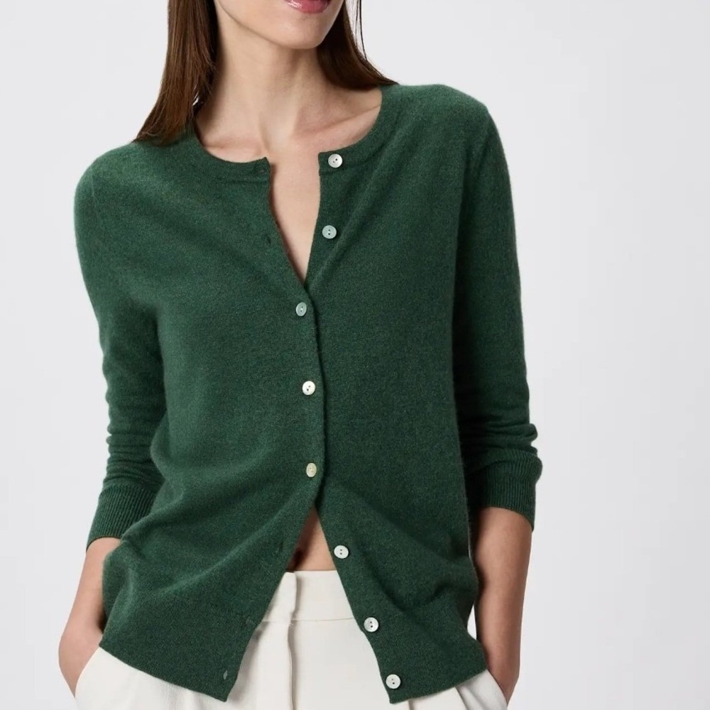 Quince Mongolian Cashmere Cardigan Women Size M Green Crewneck Button